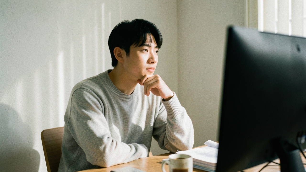 이른 아침 서울 아파트 서재에서 화면을 바라보는 30대 남성