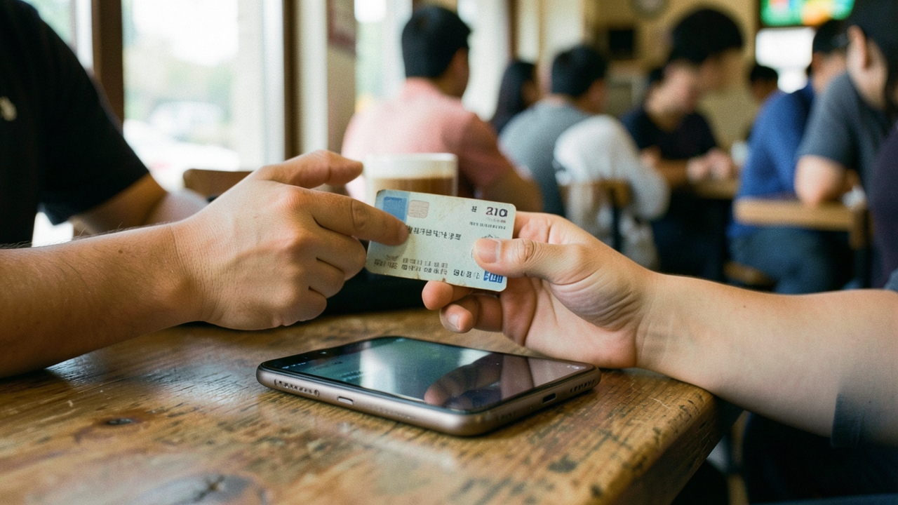 카페 테이블에서 카드와 스마트폰을 든 손 클로즈업