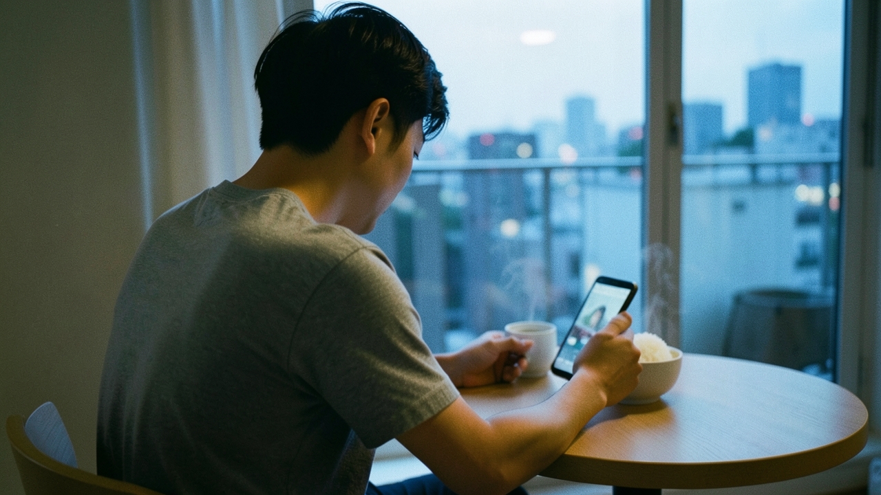 아침 식탁에서 스마트폰을 보는 사람의 뒷모습