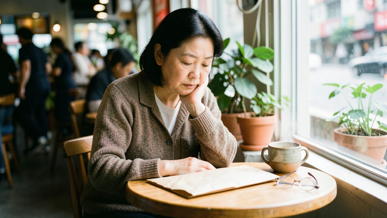 카페 테이블에서 서류철을 앞에 두고 생각에 잠긴 40대 여성 — 취득가액 증빙을 스스로 챙겨야 하는 상황