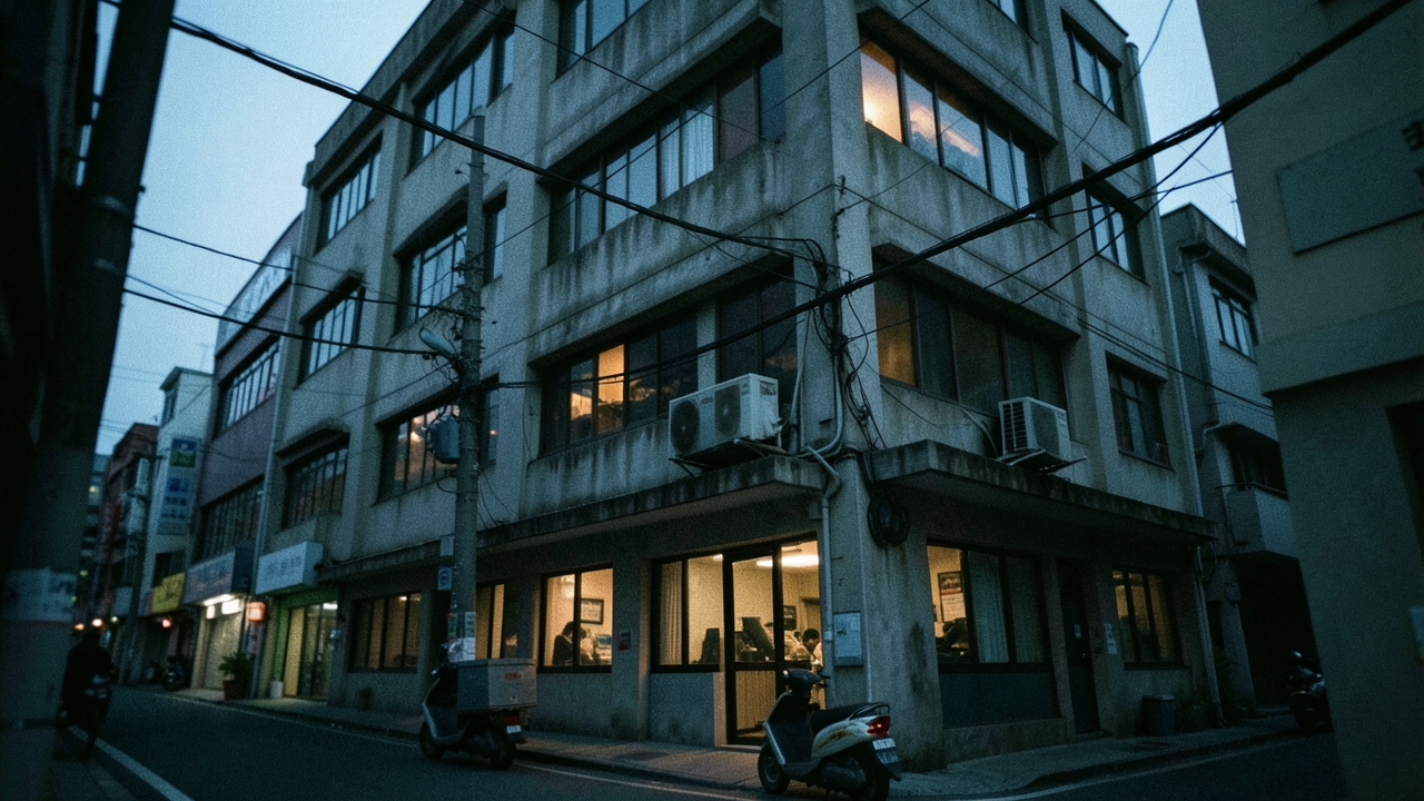 해질 무렵 불이 켜진 사무실 건물 외경