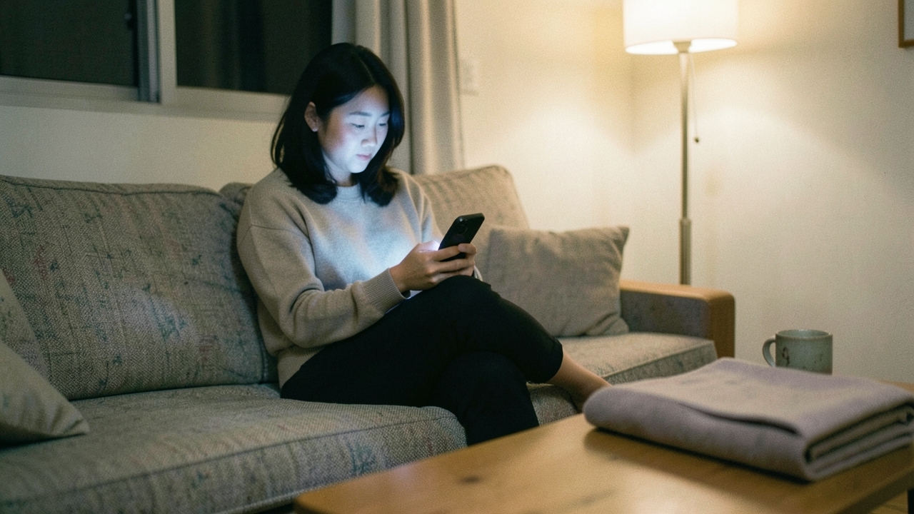 밤에 거실 소파에서 스마트폰을 보는 30대 여성
