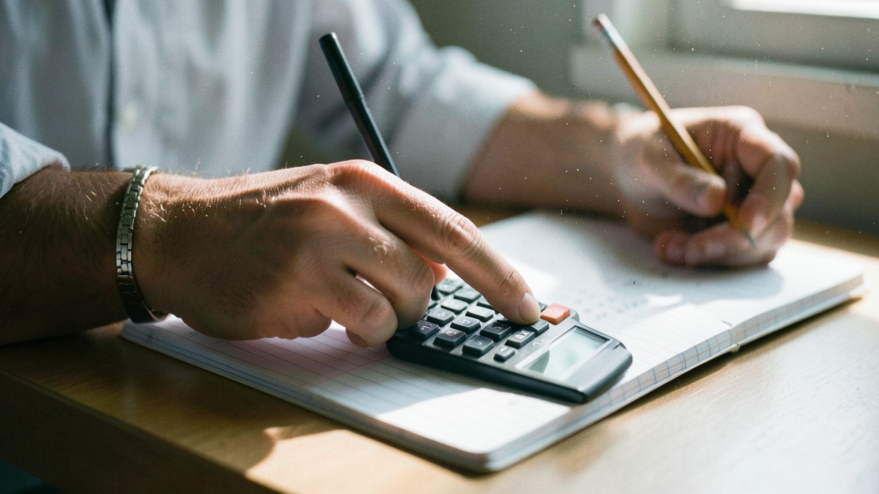 계산기 키를 누르는 손과 백지 노트 위 연필 클로즈업