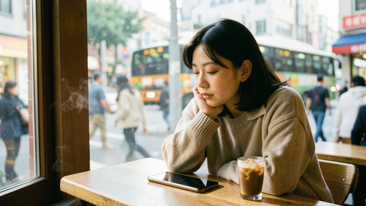 카페 창가에서 생각에 잠긴 30대 여성
