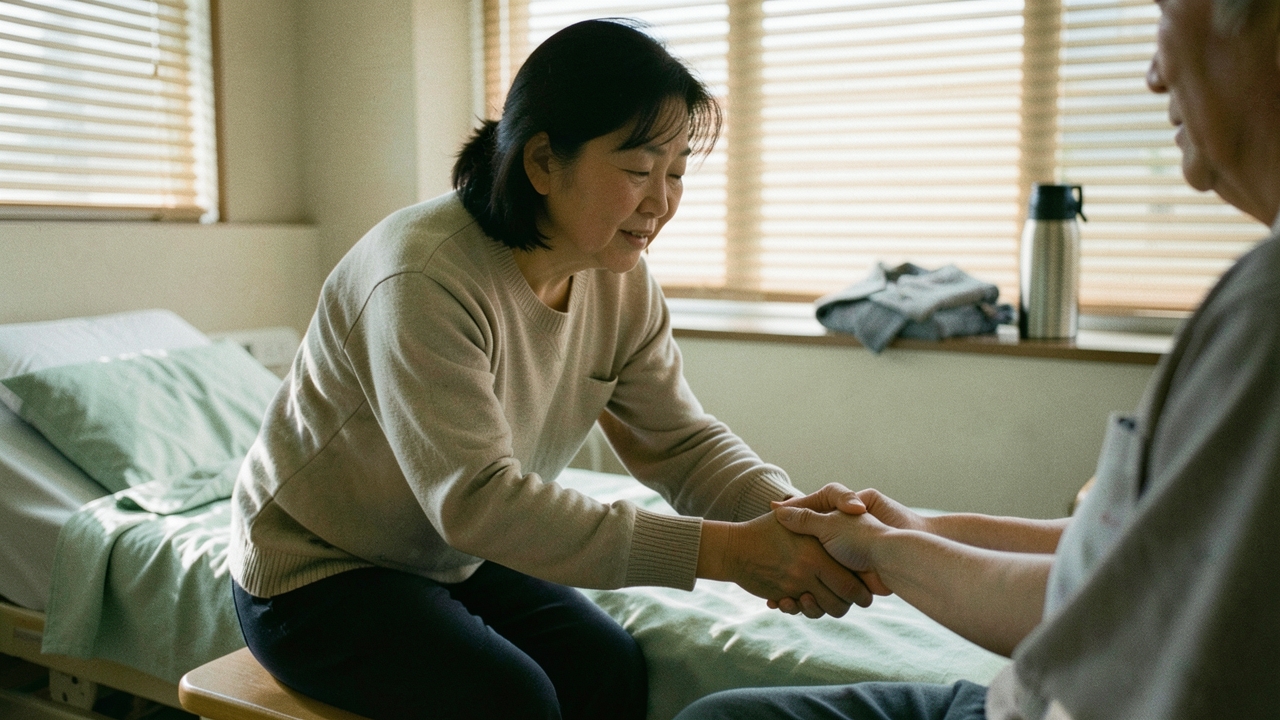 병실 침대 옆에서 환자의 손을 잡고 앉아 있는 50대 여성