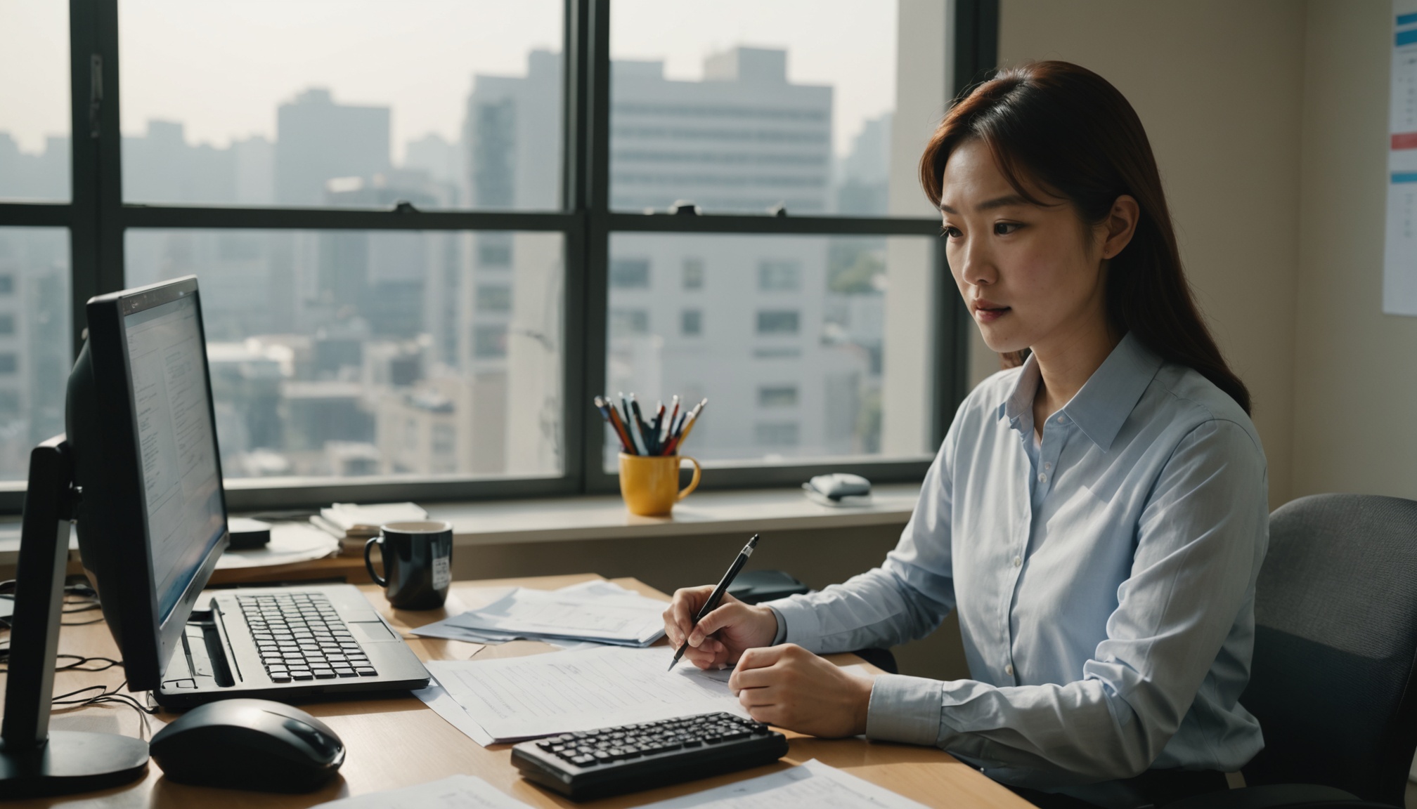 아침 사무실에서 두 장의 실적 자료를 나란히 비교하는 애널리스트