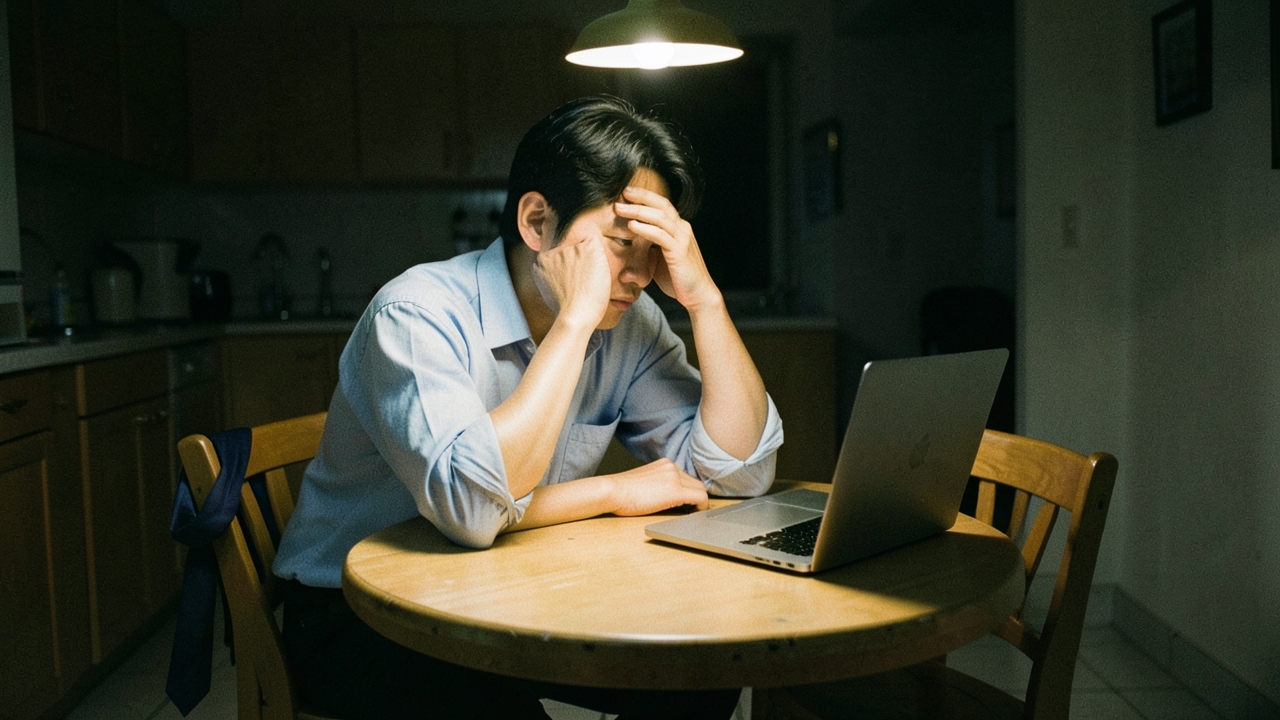 저녁 부엌 식탁에서 이마를 짚고 앉은 30대 직장인