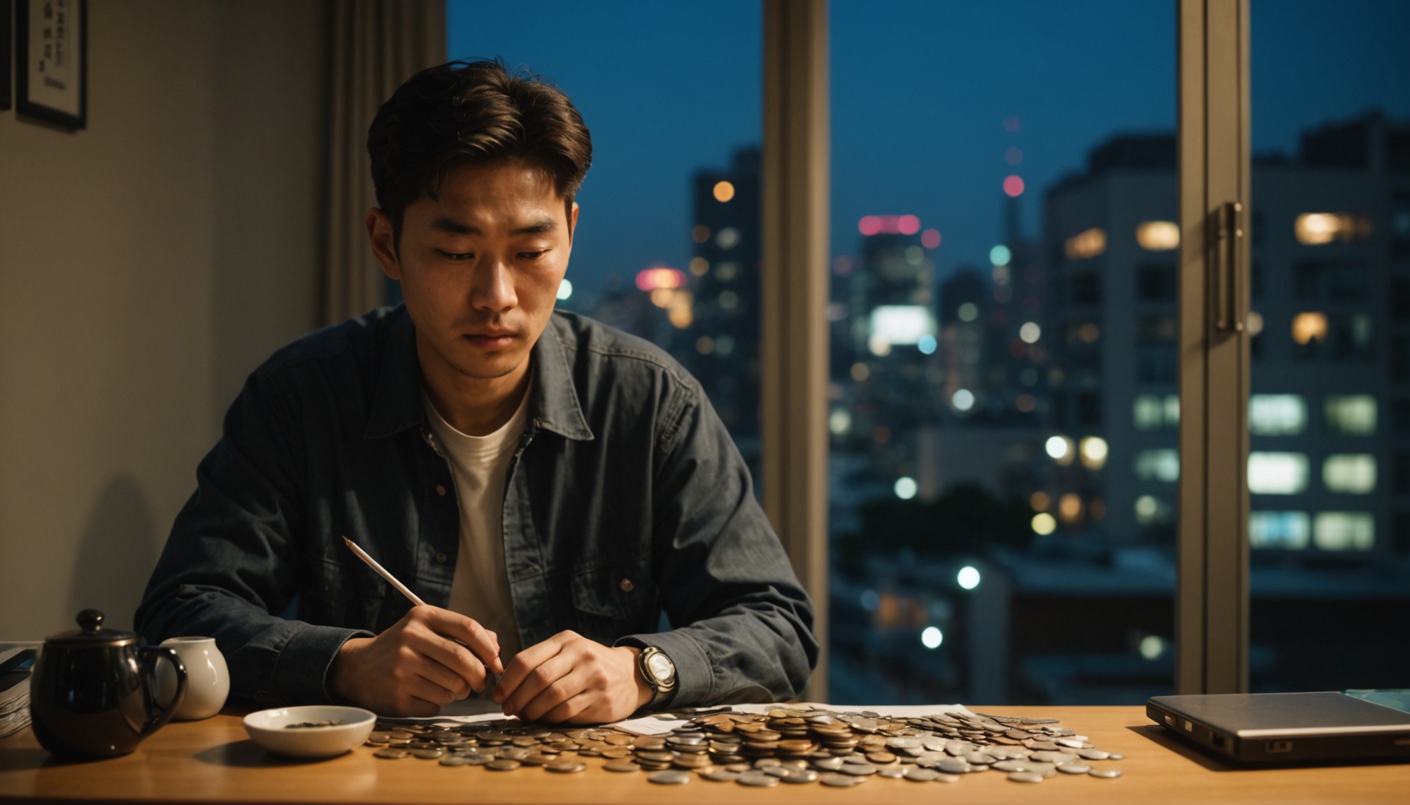밤 서울 아파트 책상에서 두 동전 더미를 비교하는 30대 남성