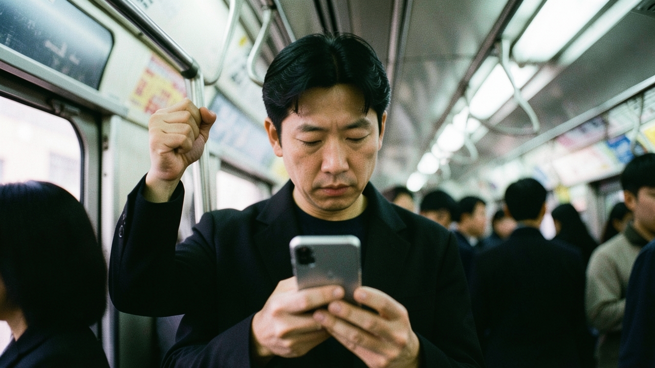 출근길 지하철에서 휴대폰을 내려다보는 30대 남성