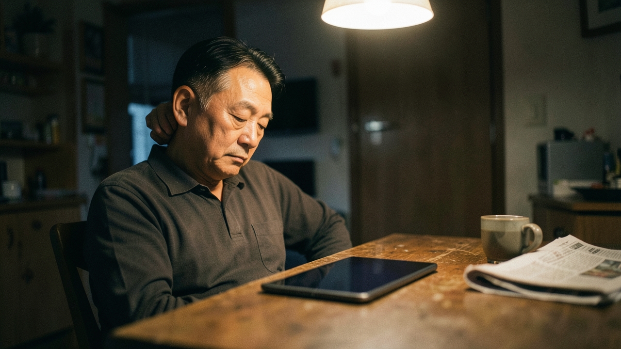 저녁 식탁에서 태블릿을 내려다보는 50대 남성