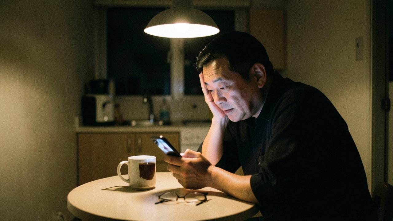 늦은 밤 아파트 주방 식탁에서 휴대폰을 들여다보는 40대 남성