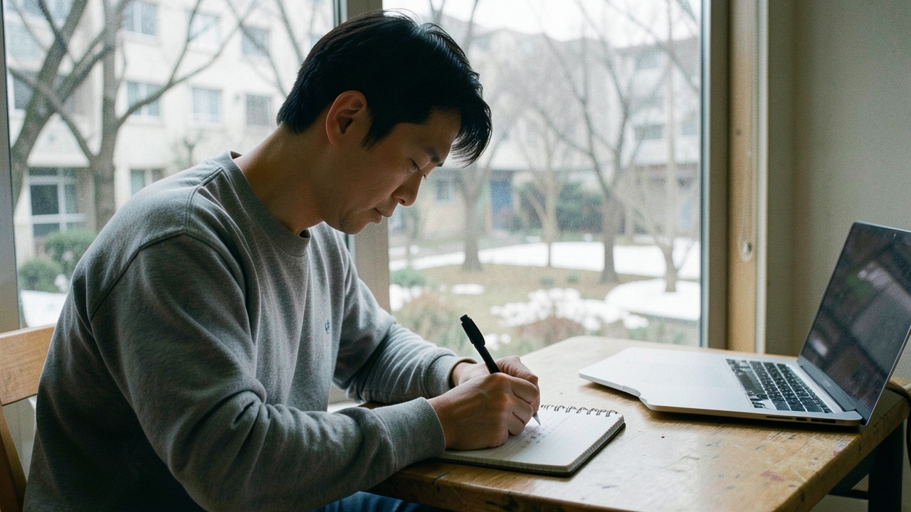 책상에서 노트에 숫자를 적는 30대 남성