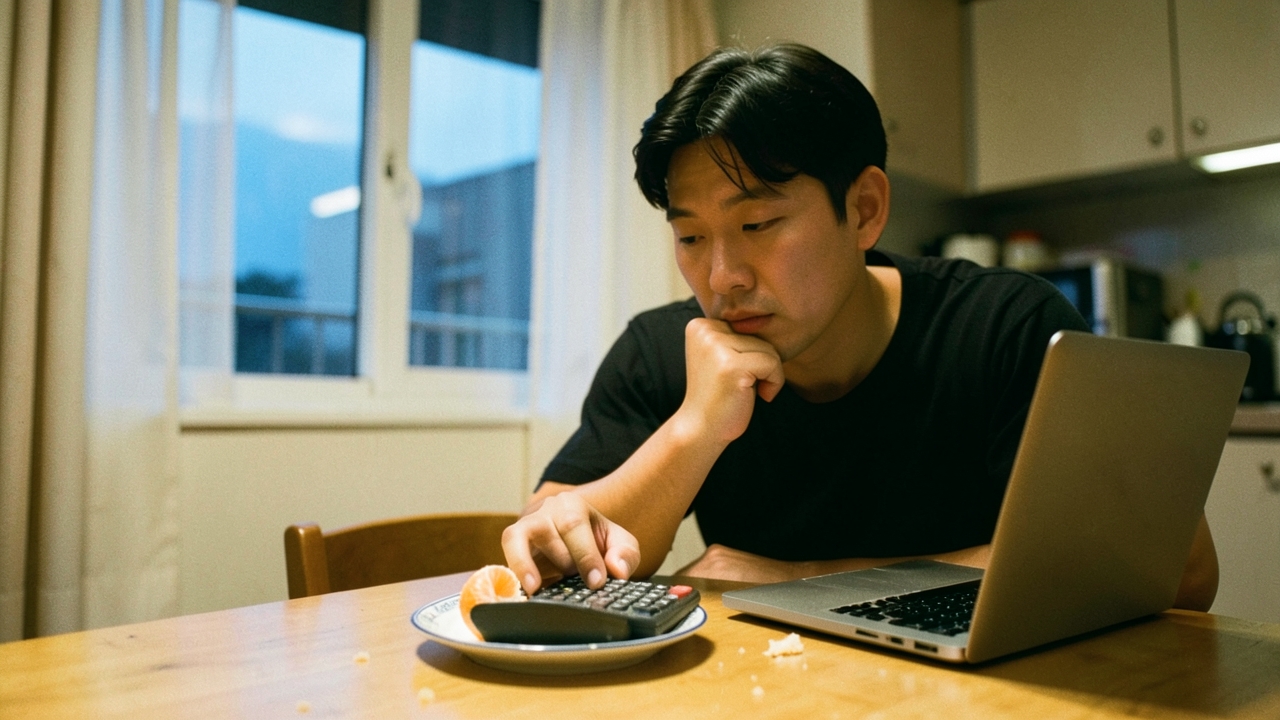 저녁 서울 아파트 식탁에서 계산기를 앞에 두고 생각에 잠긴 30대 남성