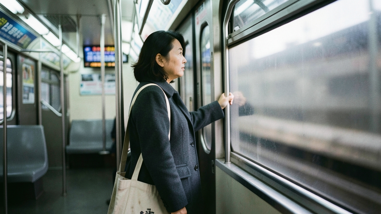 한산한 서울 지하철 안에서 창밖을 보며 서 있는 30대 여성