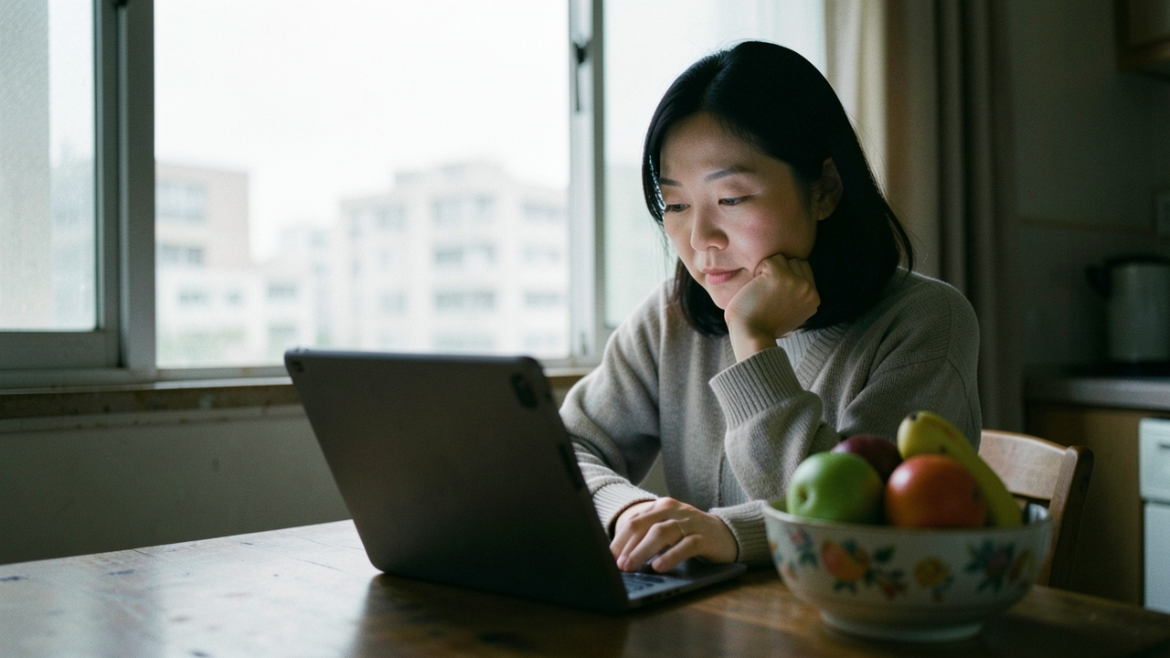 아파트 식탁에서 태블릿을 보며 생각에 잠긴 30대 여성