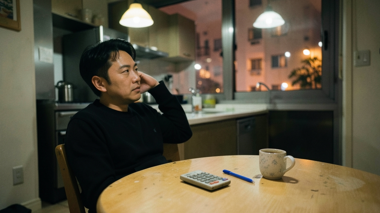 저녁 시간 서울 아파트 식탁에 앉아 생각에 잠긴 30대 남성