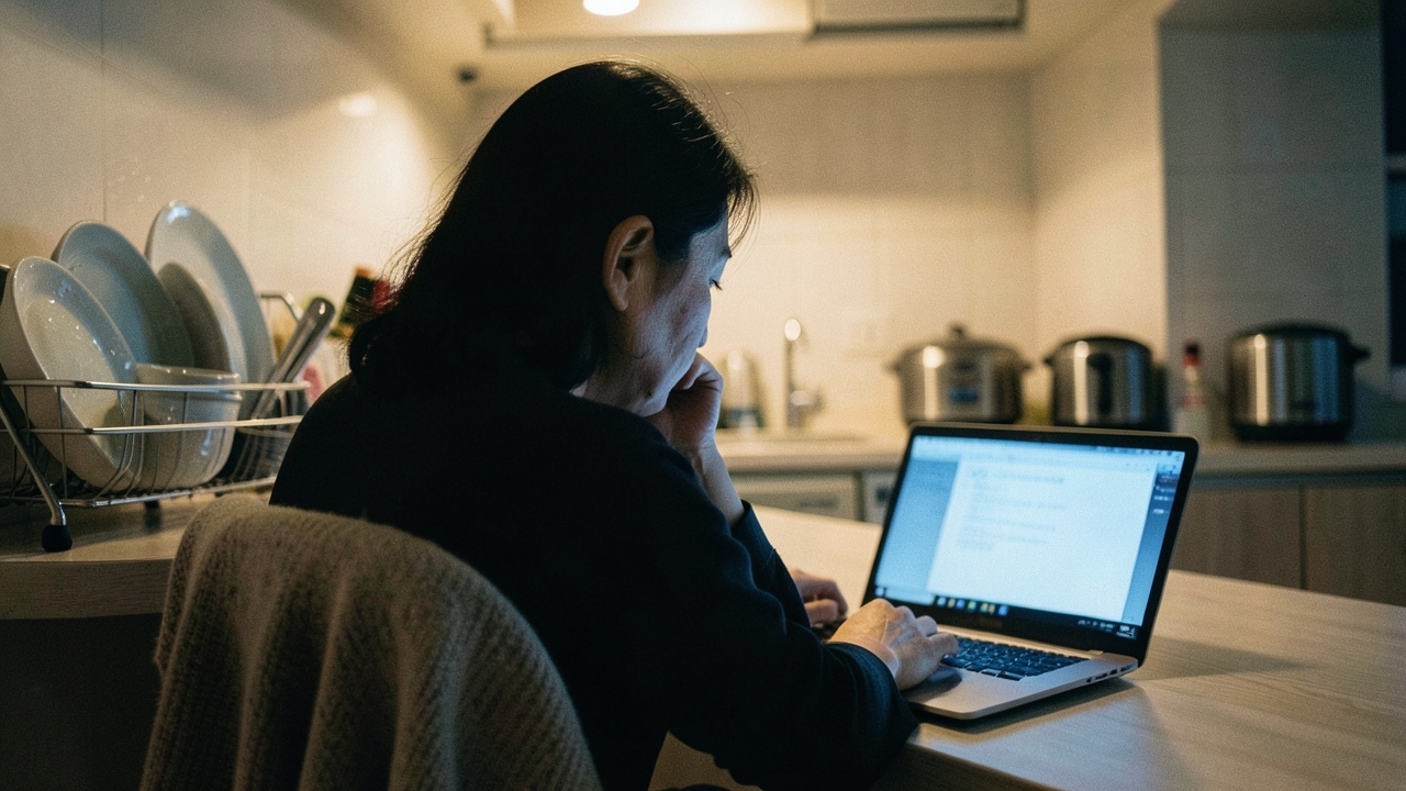 저녁 식탁에서 노트북을 보며 생각에 잠긴 40대 여성