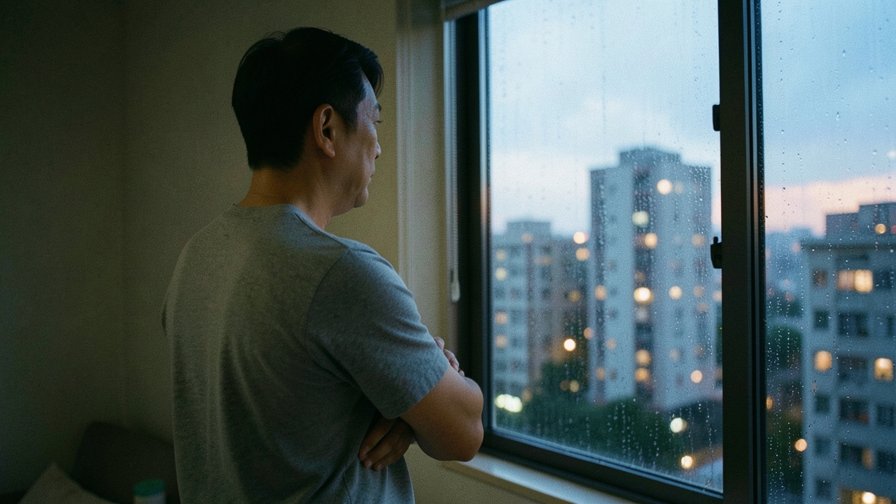 비 내리는 저녁 창가에서 아파트 단지를 바라보는 남자