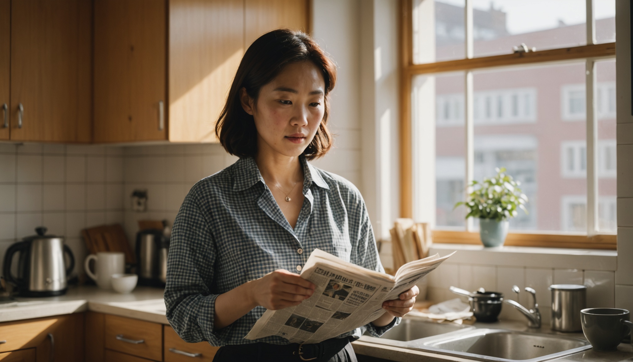 부엌 조리대에 서서 커피를 들고 신문 경제면을 읽는 30대 한국 여성