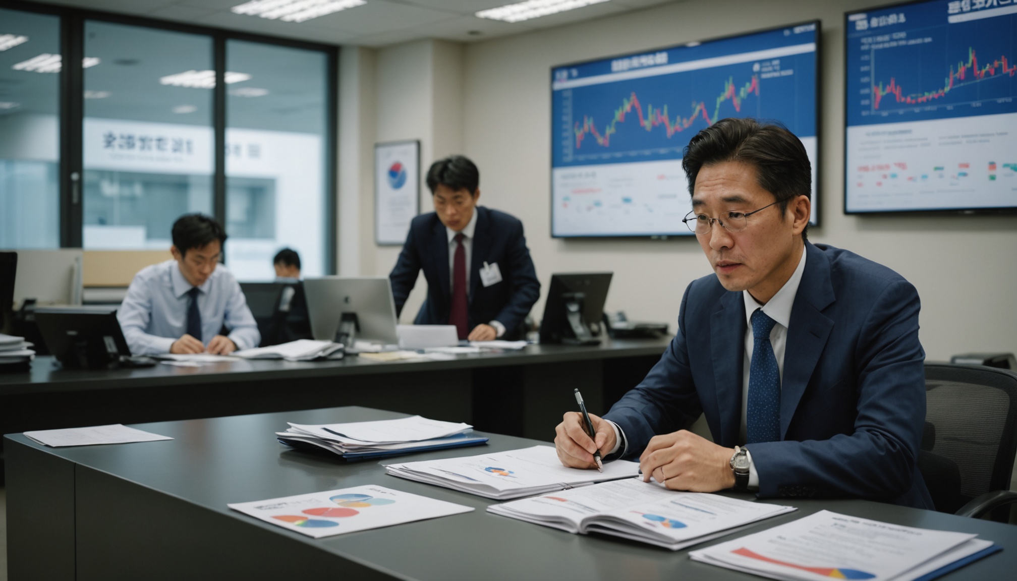 증권사 창구에서 상품 설명을 듣는 중년 남성