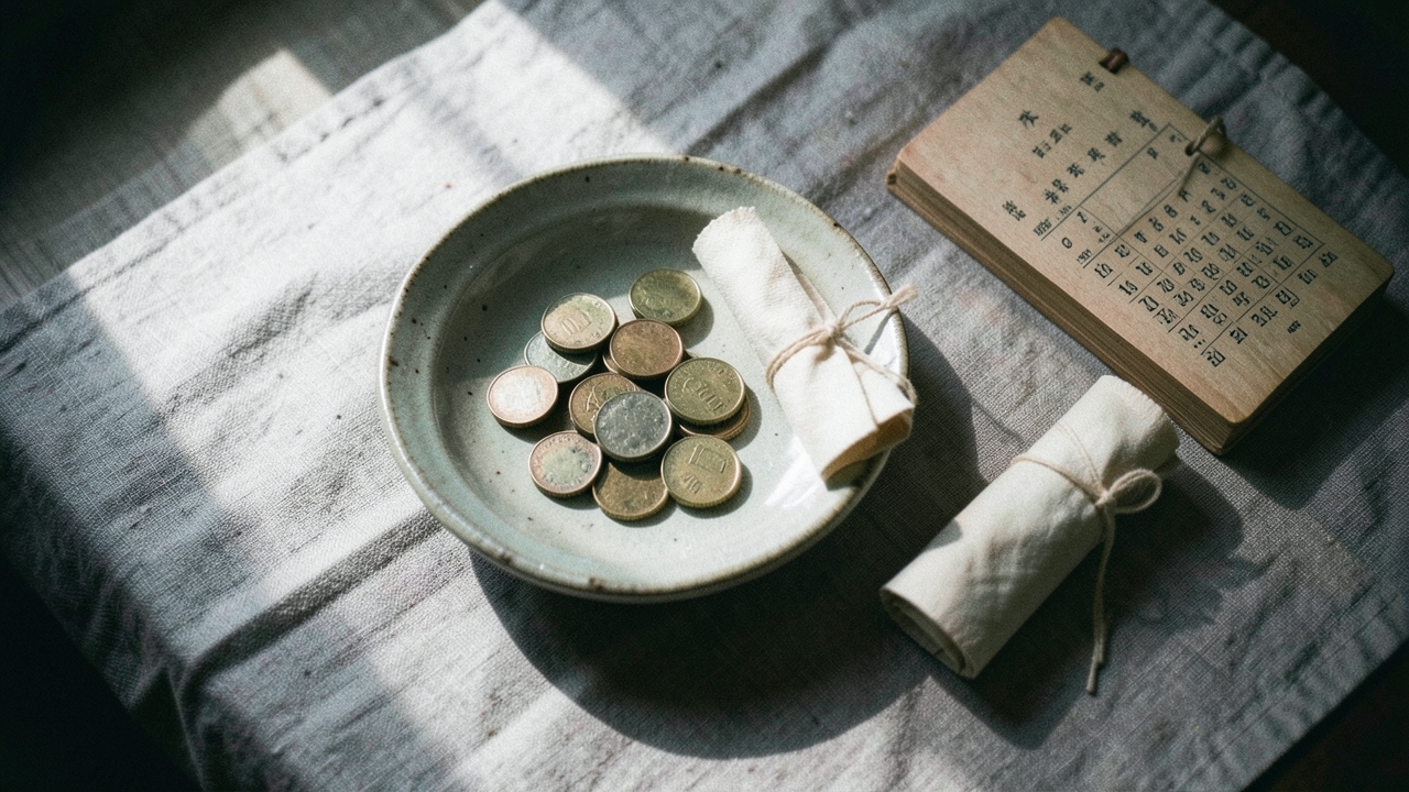 리넨 천 위 접시에 담긴 동전과 봉투