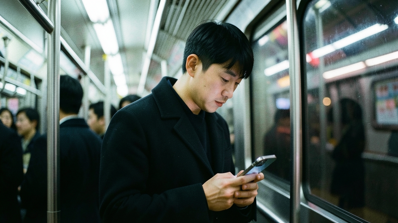 출근길 지하철에서 스마트폰을 보는 30대 남성