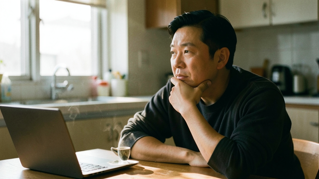 이른 아침 부엌 식탁에서 생각에 잠긴 40대 남성