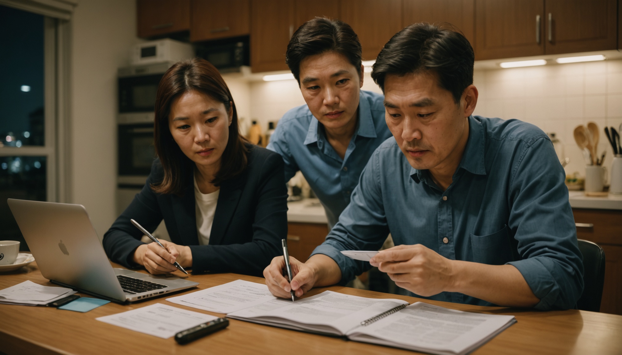 식탁에서 세금 서류와 계산기를 놓고 상의하는 부부