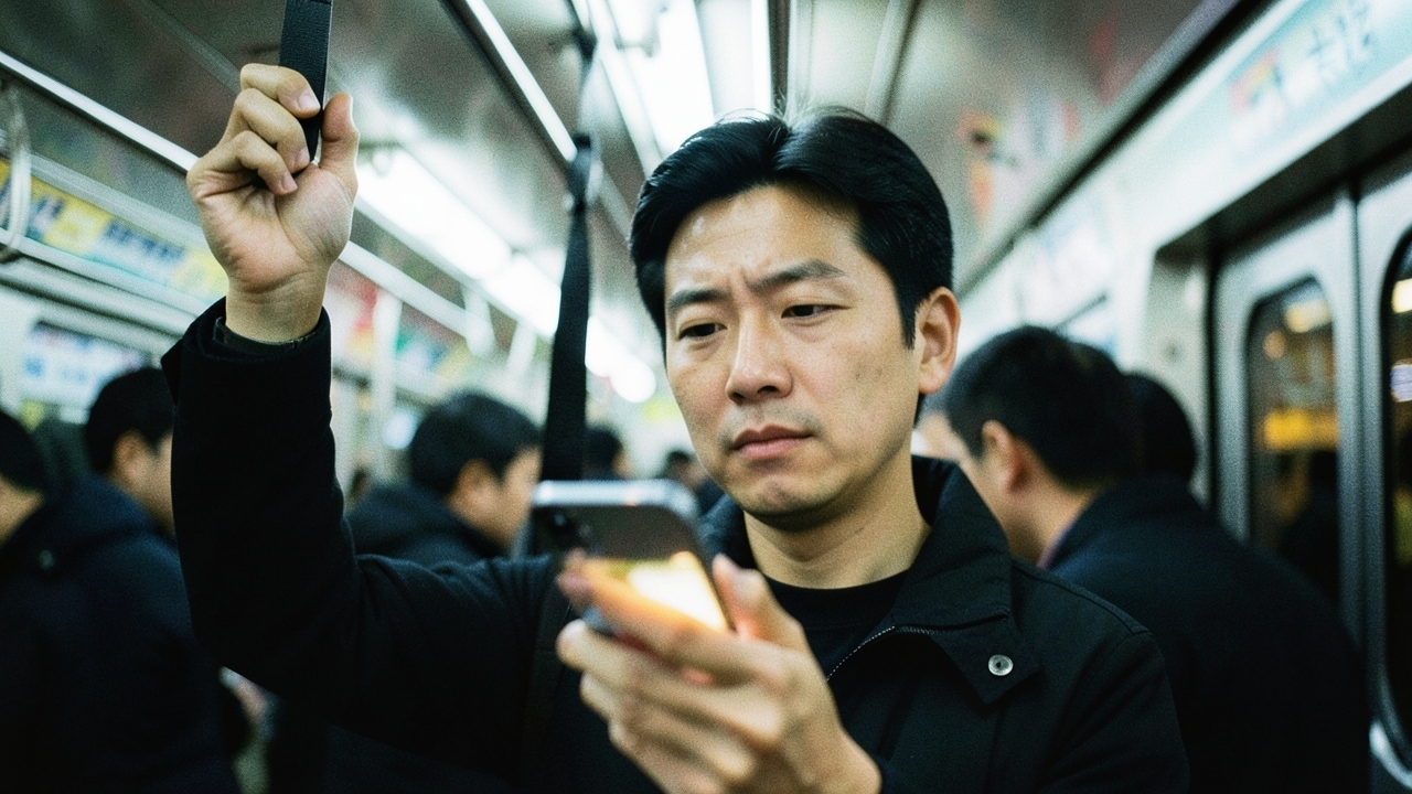 저녁 퇴근길 지하철에서 휴대폰을 보는 30대 남성