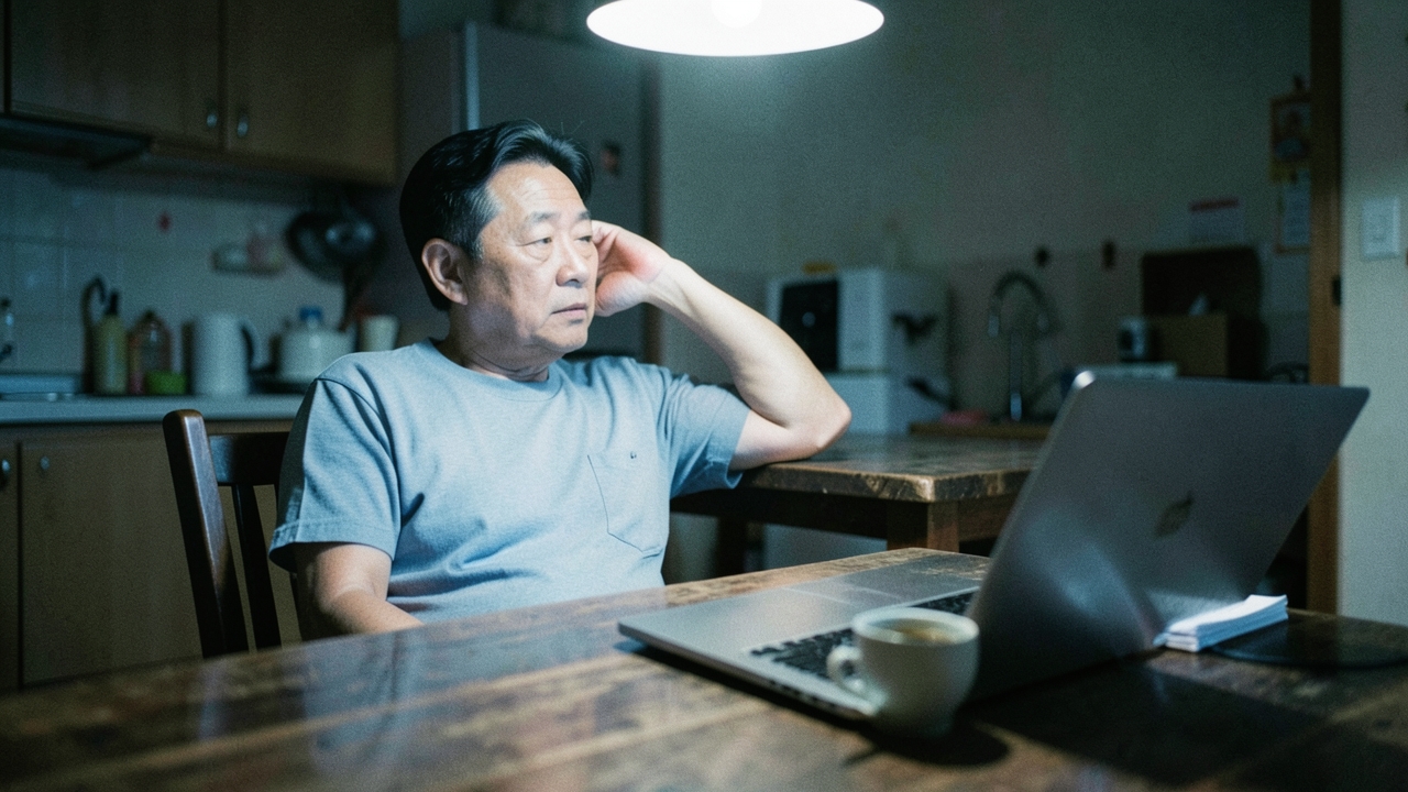 저녁 식탁에서 생각에 잠긴 40대 남성