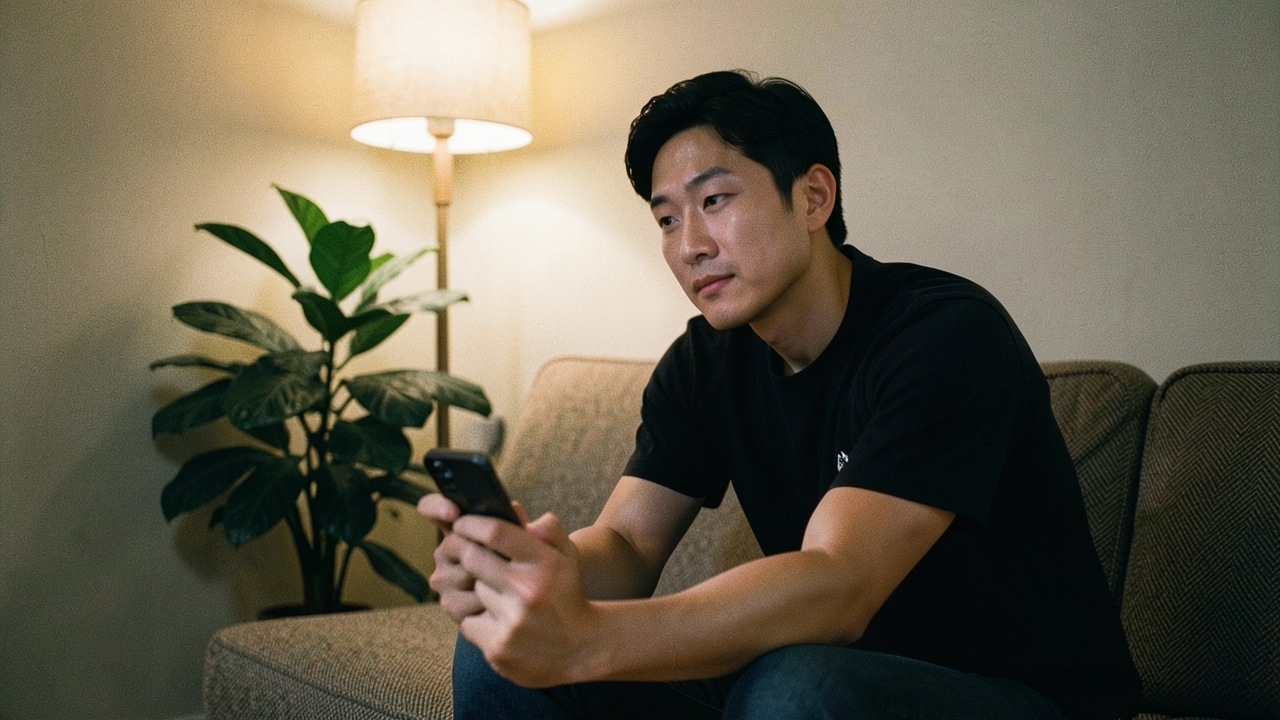 밤 거실 소파에 앉아 스마트폰을 보는 30대 남성