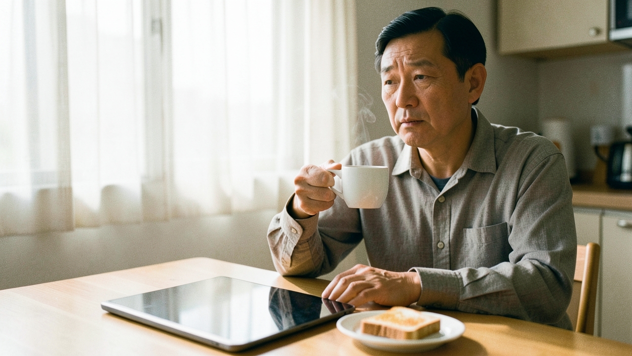 이른 아침 서울 아파트 주방 식탁에서 커피잔을 들고 태블릿을 내려다보는 40대 남성