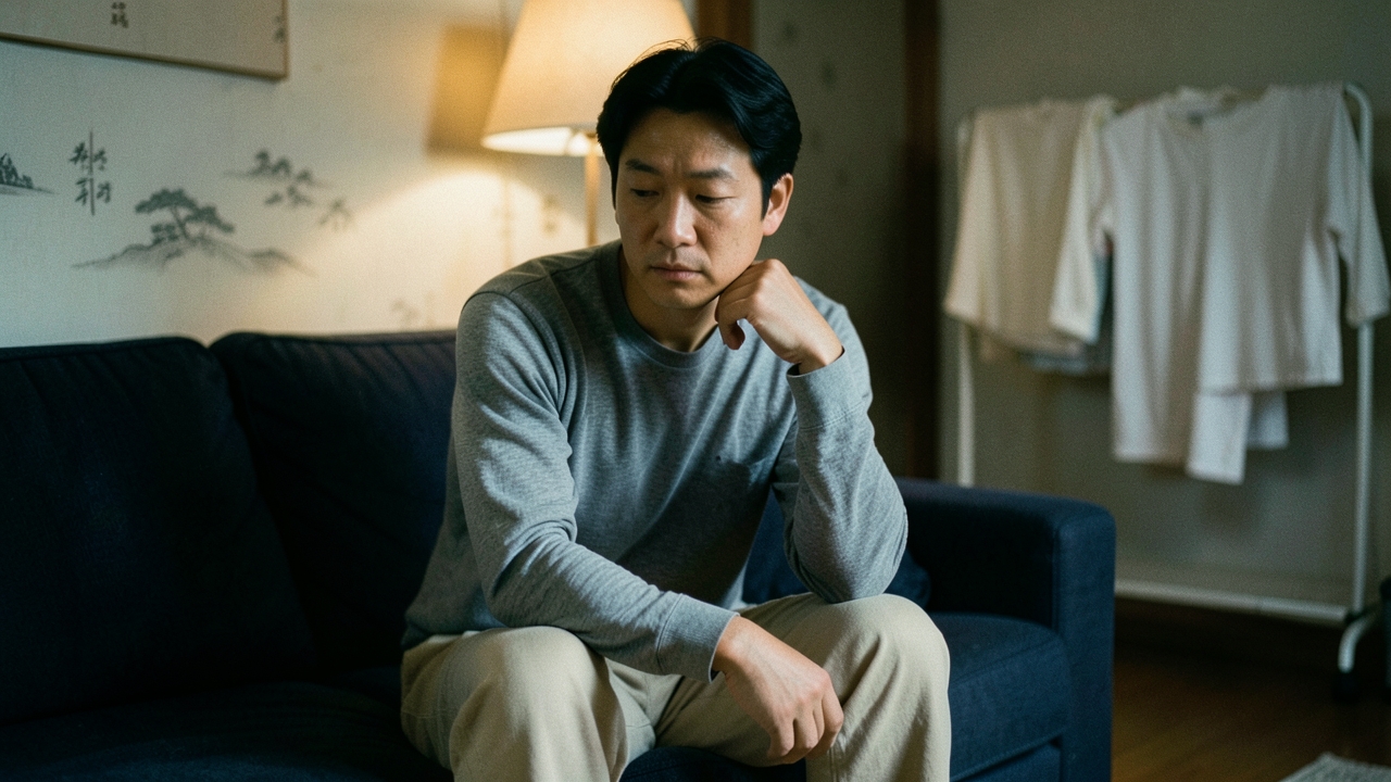 저녁 거실 소파에 앉아 생각에 잠긴 30대 남성