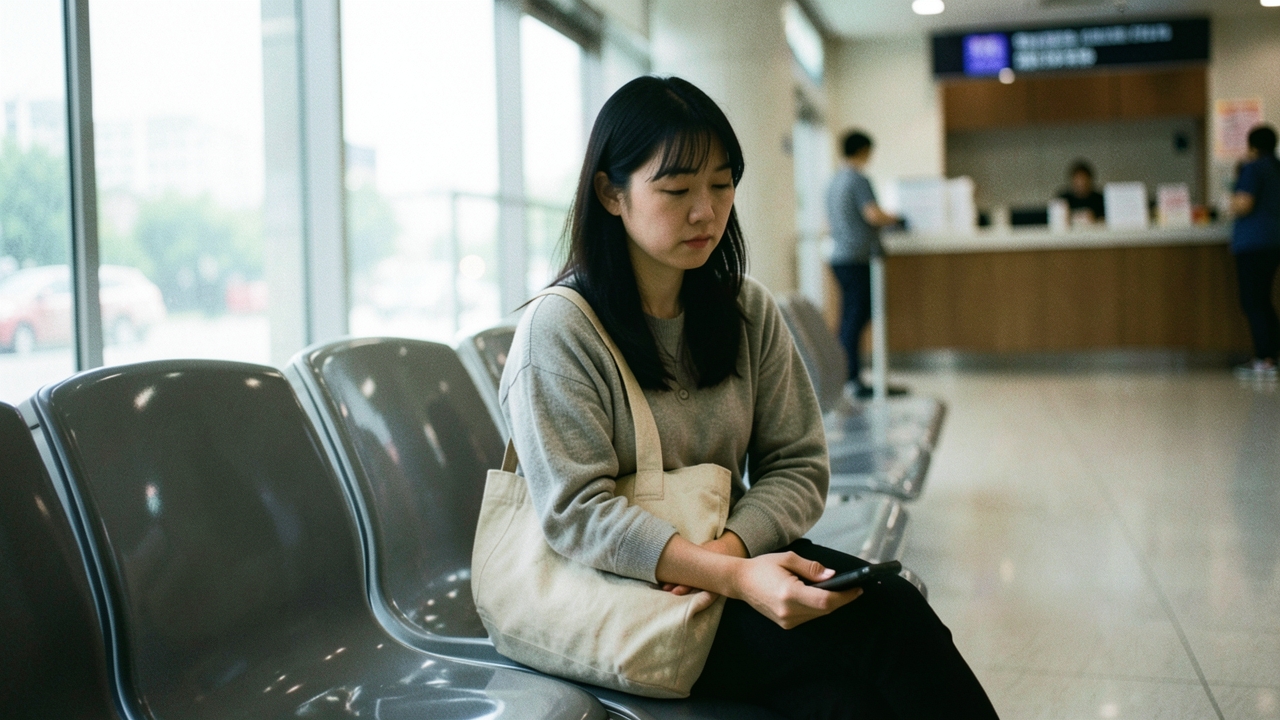 은행 지점 대기 의자에 앉아 있는 30대 여성