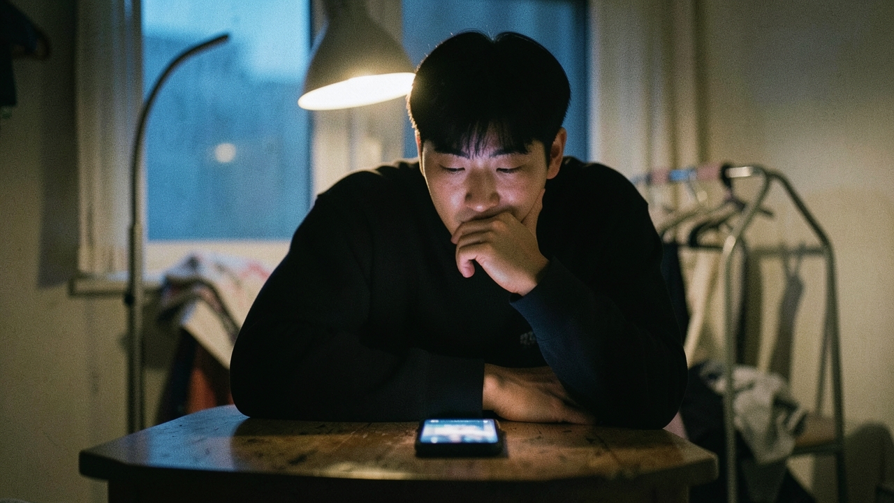 늦은 밤 원룸 책상에 앉아 화면을 내려다보는 30대 남성