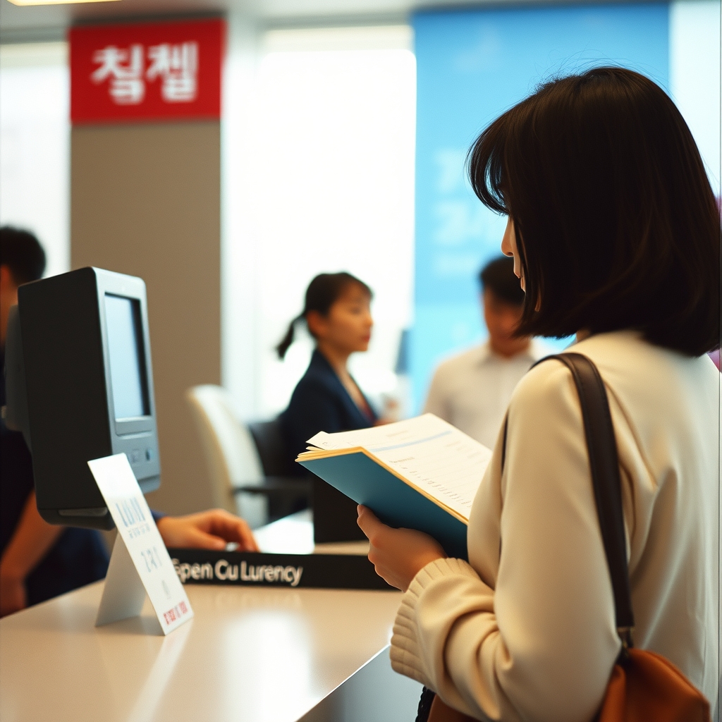 은행 외화예금 창구에서 통장을 든 이용자