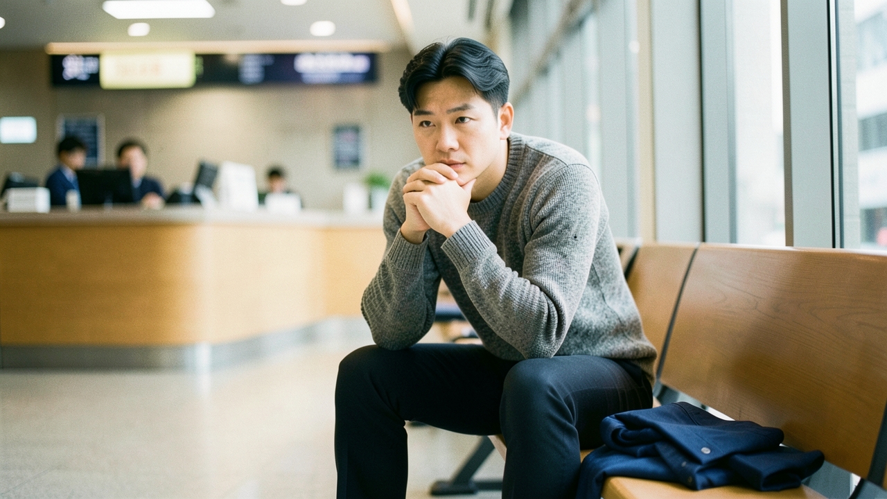 은행 지점 대기 의자에 앉아 순서를 기다리는 30대 남성