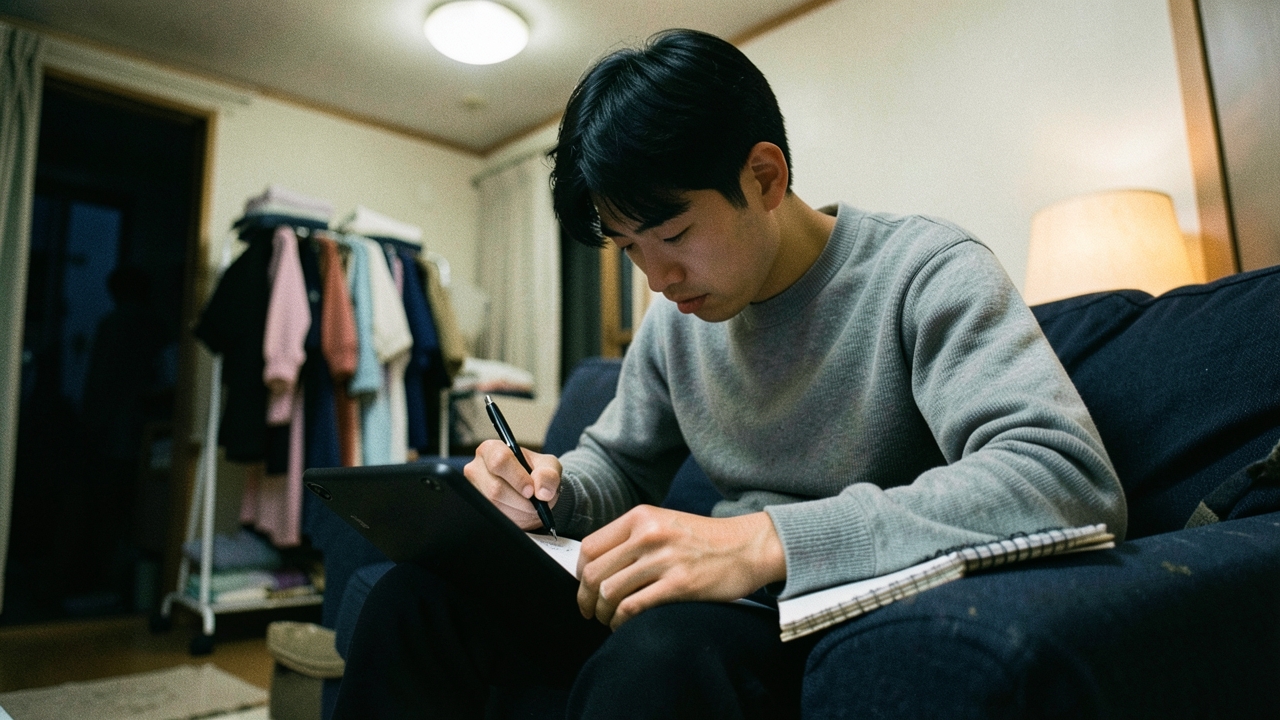 거실 소파에서 태블릿을 보며 메모하는 30대 남성