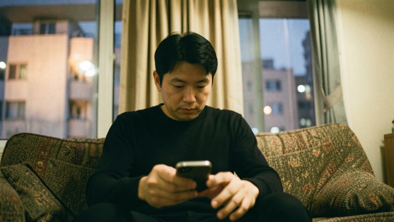 저녁 거실 소파에서 스마트폰으로 계좌를 확인하는 30대 남성