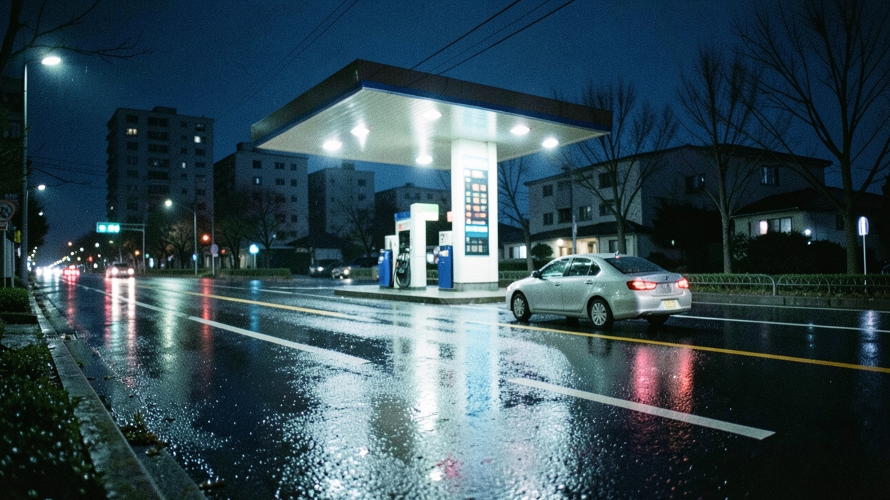비 온 뒤 서울 주택가 주유소의 밤 풍경