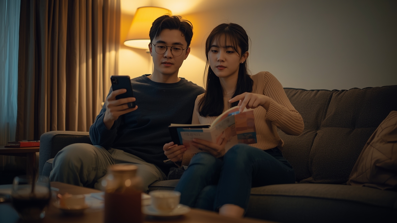 거실에서 수단별 수익을 비교하는 부부