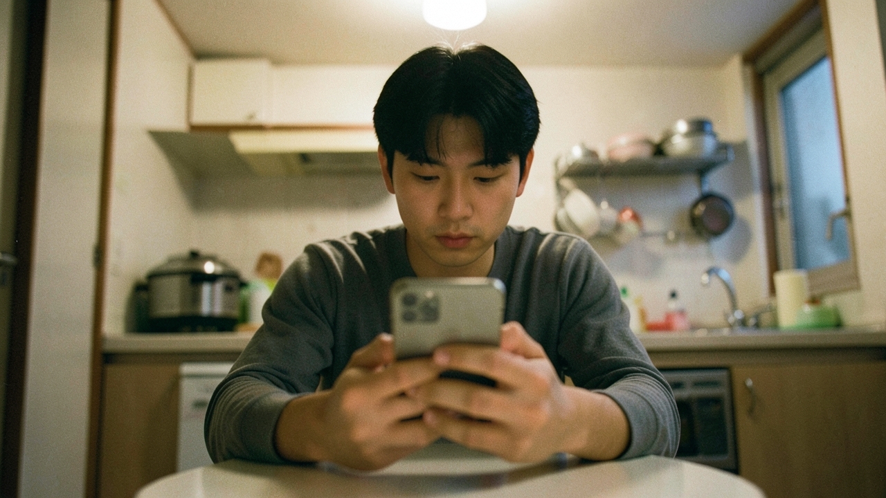 저녁 식탁에서 스마트폰으로 계좌를 확인하는 30대 남성