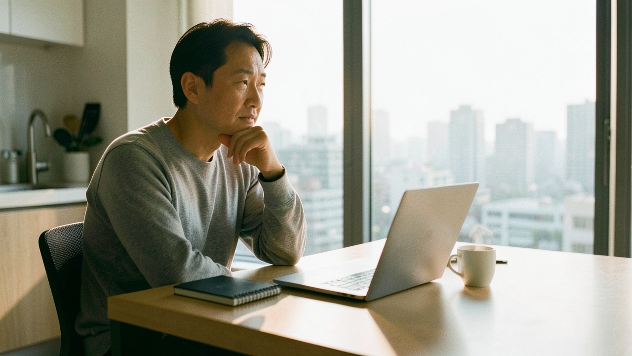 식탁에서 노트북으로 은퇴 시점을 가늠하는 40대 남성