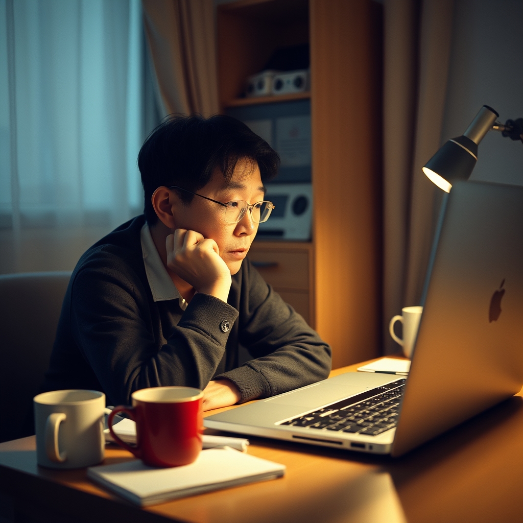 저녁에 책상 앞에서 생각에 잠긴 40대 투자자