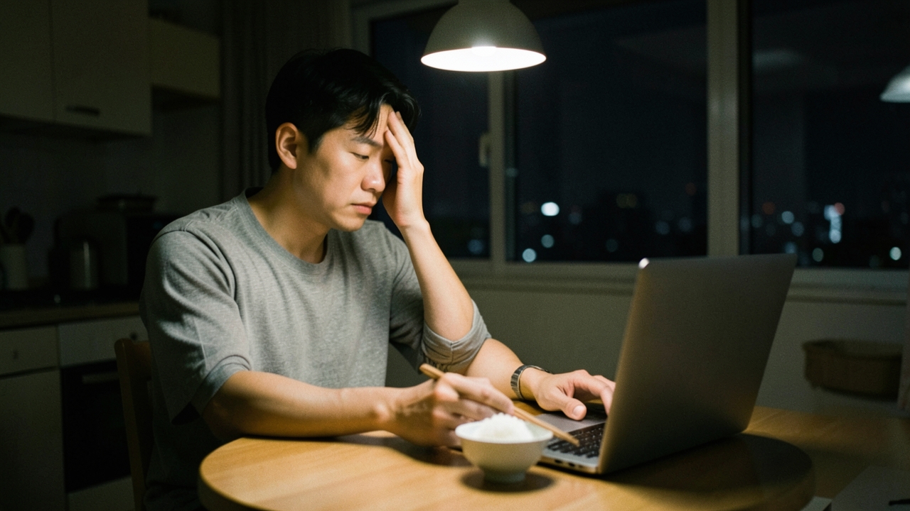 밤늦은 아파트 주방 식탁에서 이마를 짚고 앉은 30대 남성