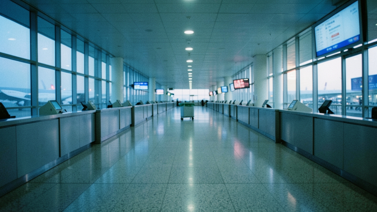 이른 새벽 인적 없는 공항 환전 창구 복도