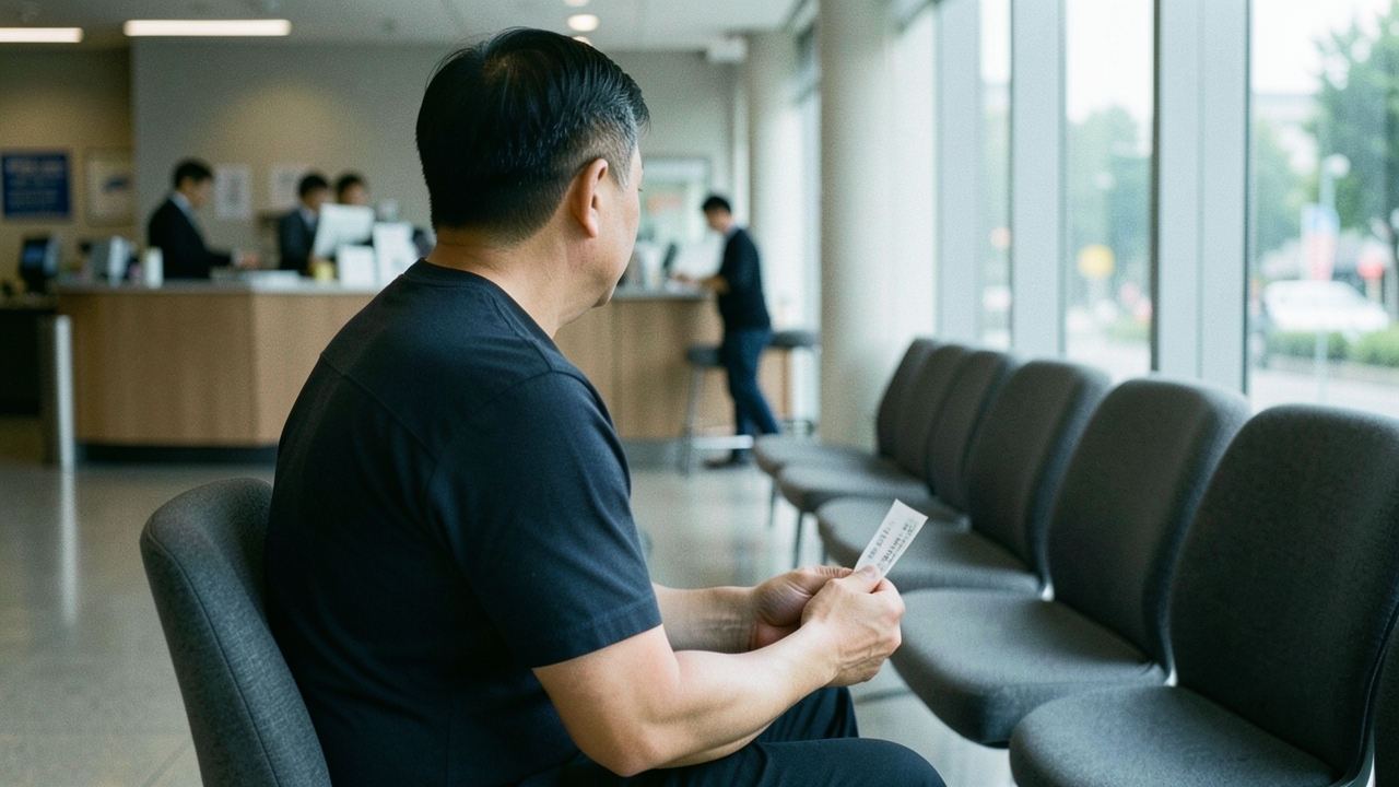 은행 지점 대기 의자에 앉은 남성의 뒷모습