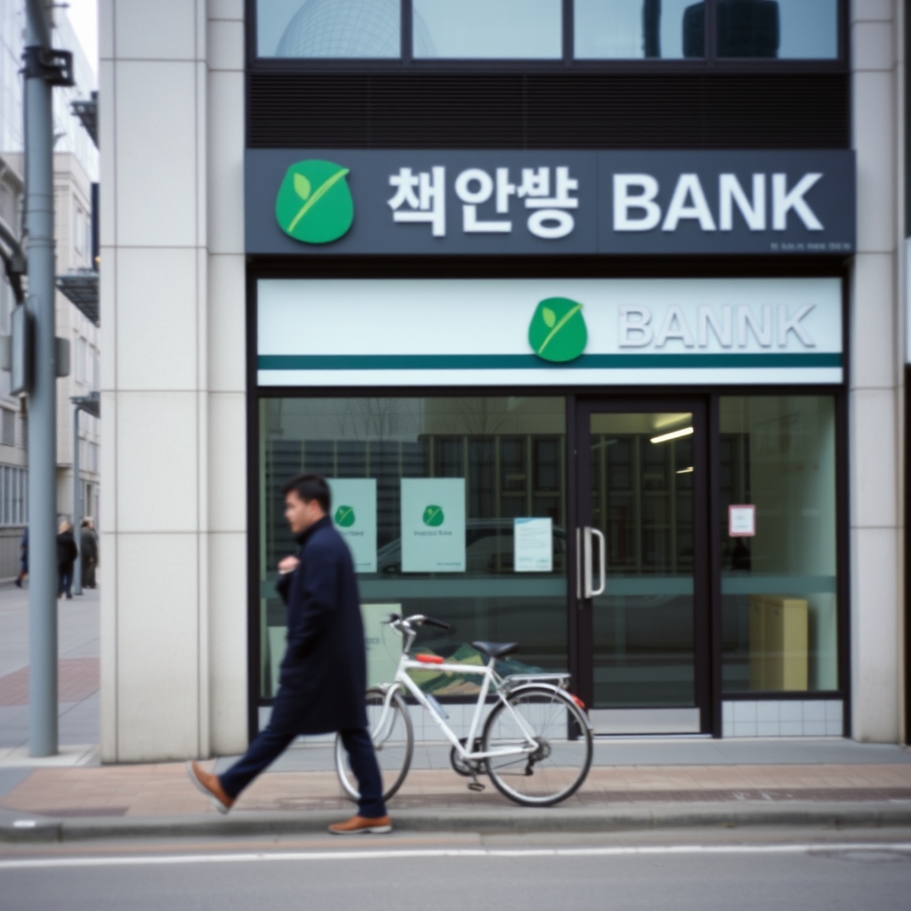 흐린 날 서울 거리의 은행 지점 외관