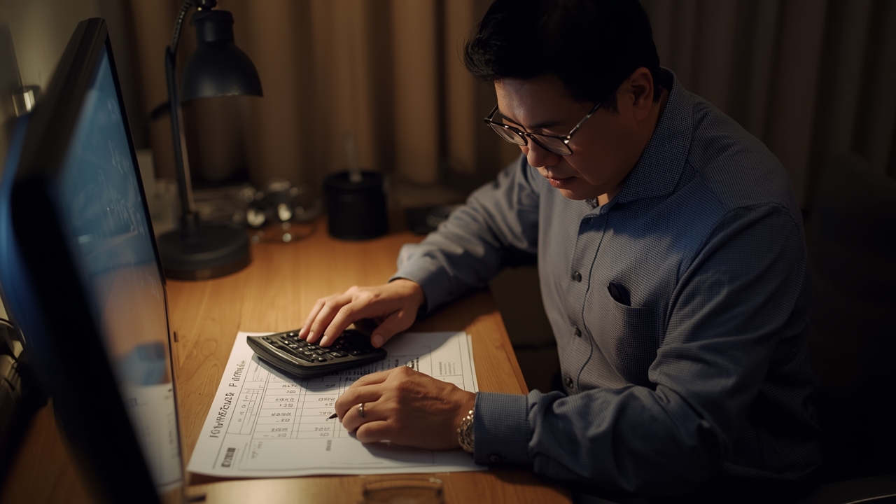책상에서 계산기로 ETF 보수 비용을 따져보는 모습