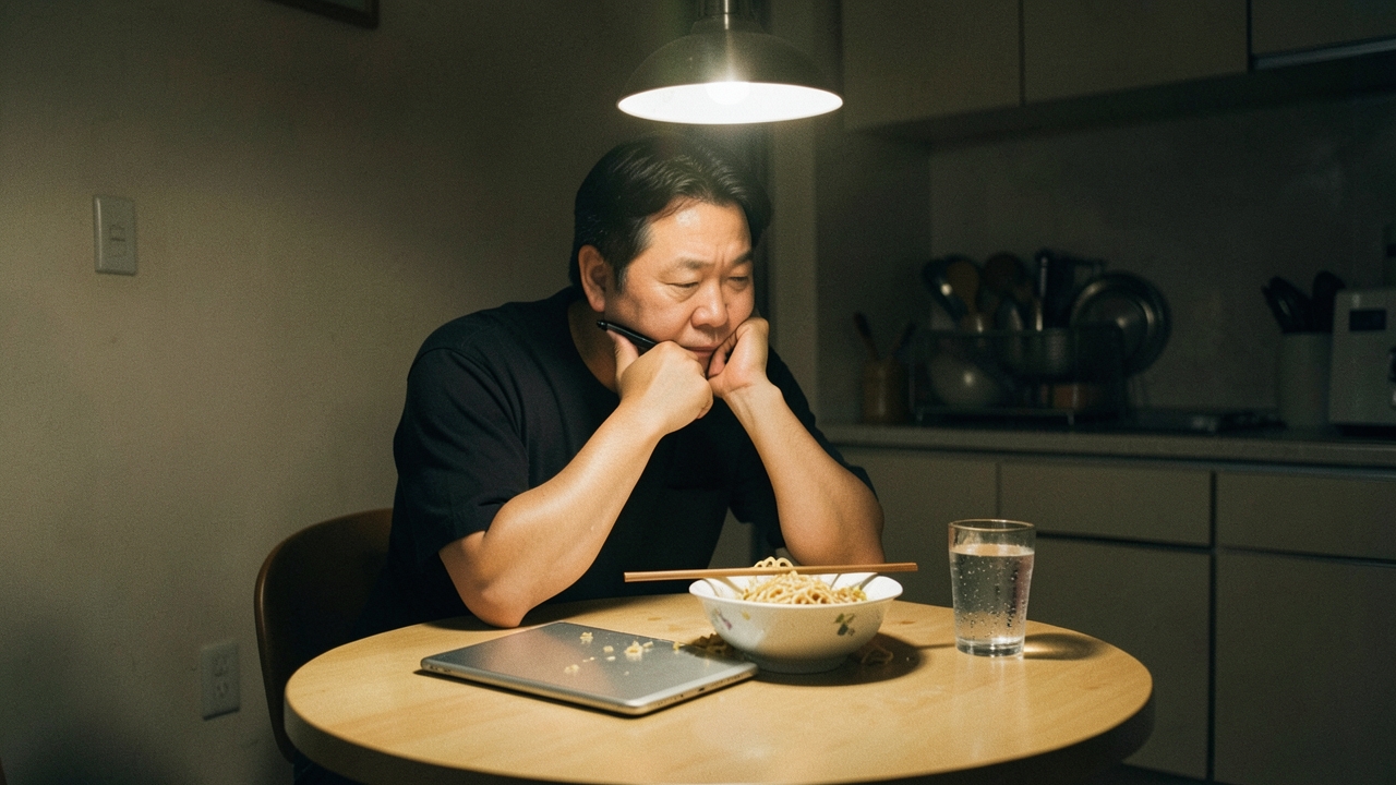 늦은 밤 주방 식탁에서 생각에 잠긴 40대 남성